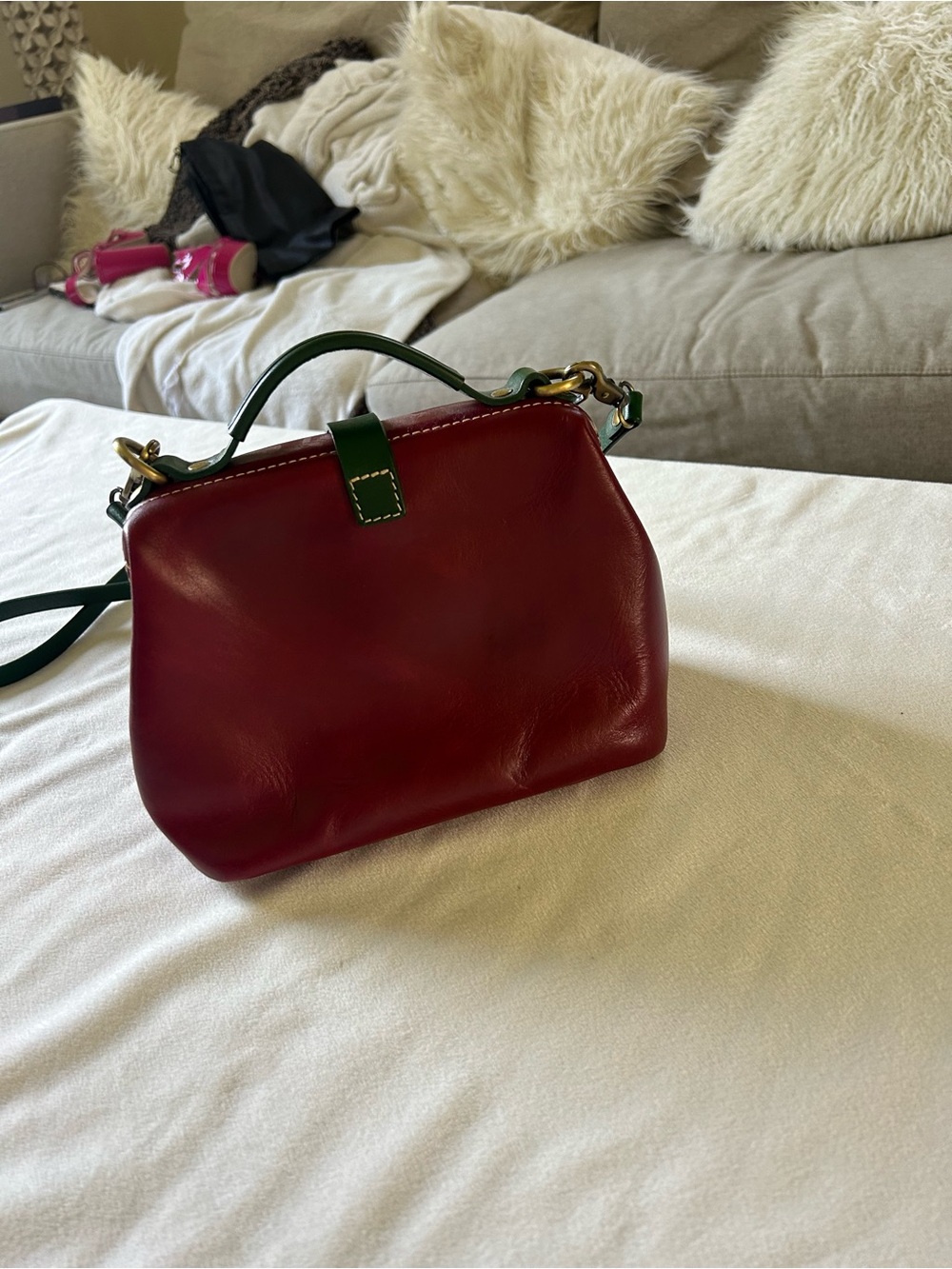 Red Leather Satchel with Green Strap - Classic Top Handle Crossbody - Picture 4 of 13